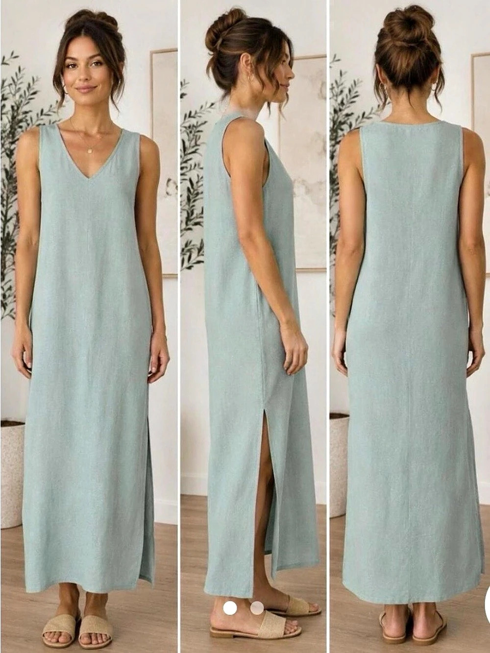 DKNY V-Neck Linen Maxi Dress in blue Size XL